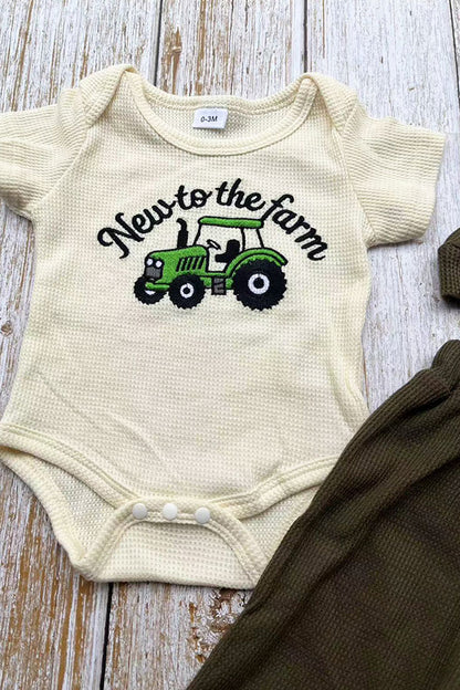 New to the farm & tractor embroidery romper & pant & hat 3pc baby sets 2601009M