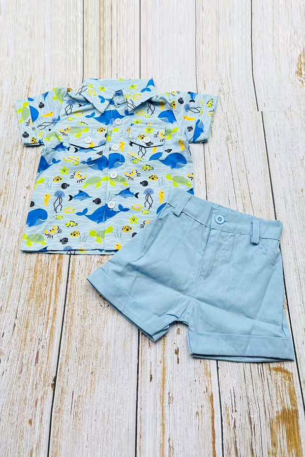 Whale & fish printed short sleeve shirts & blue shorts 2pc boy's set 2601011M