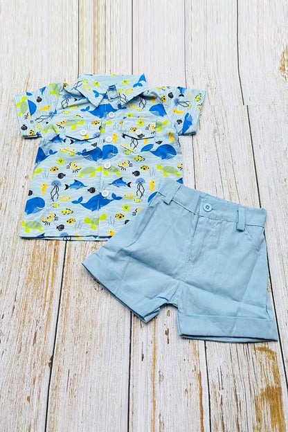 Whale & fish printed short sleeve shirts & blue shorts 2pc boy's set 2601011M