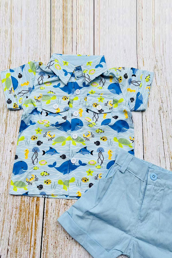 Whale & fish printed short sleeve shirts & blue shorts 2pc boy's set 2601011M