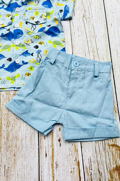 Whale & fish printed short sleeve shirts & blue shorts 2pc boy's set 2601011M