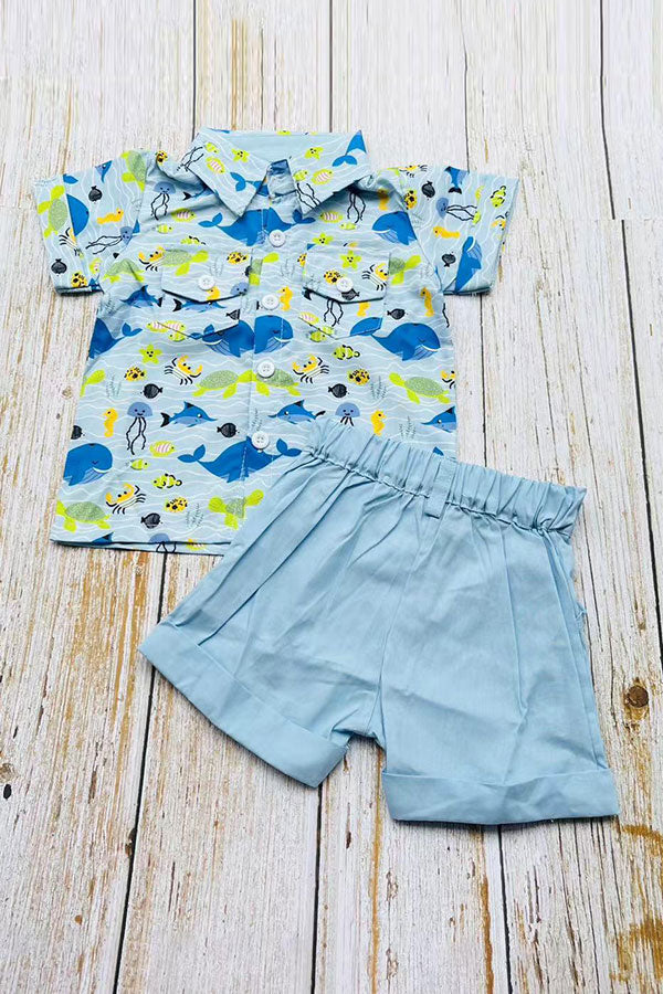 Whale & fish printed short sleeve shirts & blue shorts 2pc boy's set 2601011M