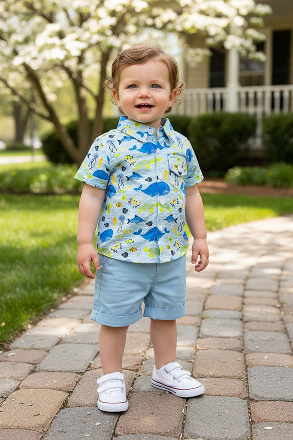 Whale & fish printed short sleeve shirts & blue shorts 2pc boy's set 2601011M