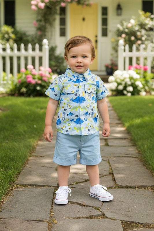 Whale & fish printed short sleeve shirts & blue shorts 2pc boy's set 2601011M