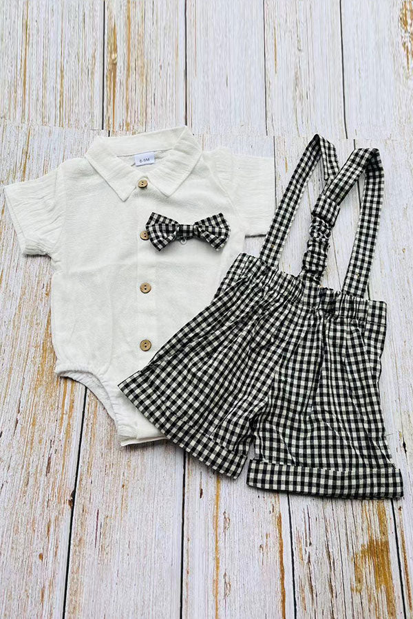 Soft gauze white short sleeve onesie & suspender shorts & bow tie boy's set 2601012M