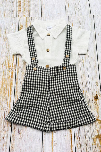 Soft gauze white short sleeve onesie & suspender shorts & bow tie boy's set 2601012M