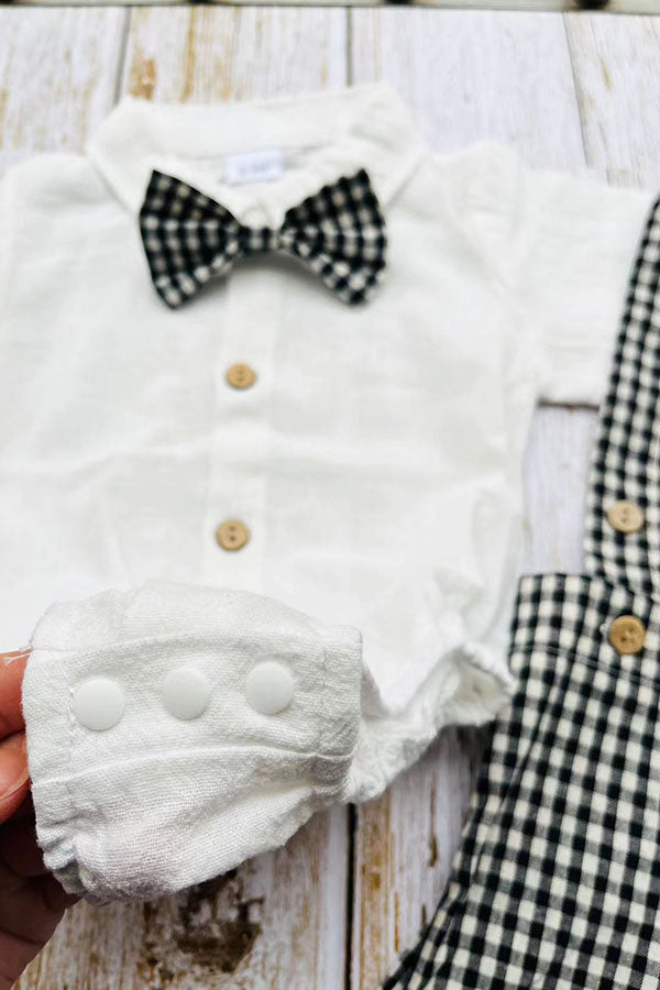 Soft gauze white short sleeve onesie & suspender shorts & bow tie boy's set 2601012M