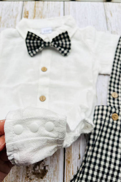 Soft gauze white short sleeve onesie & suspender shorts & bow tie boy's set 2601012M