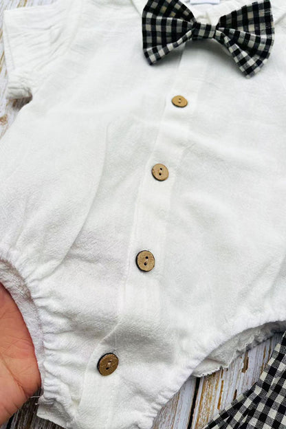 Soft gauze white short sleeve onesie & suspender shorts & bow tie boy's set 2601012M