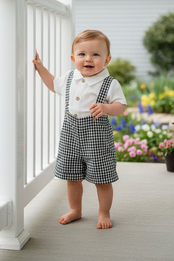 Soft gauze white short sleeve onesie & suspender shorts & bow tie boy's set 2601012M