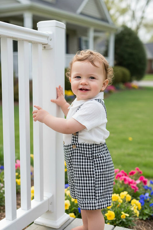 Soft gauze white short sleeve onesie & suspender shorts & bow tie boy's set 2601012M