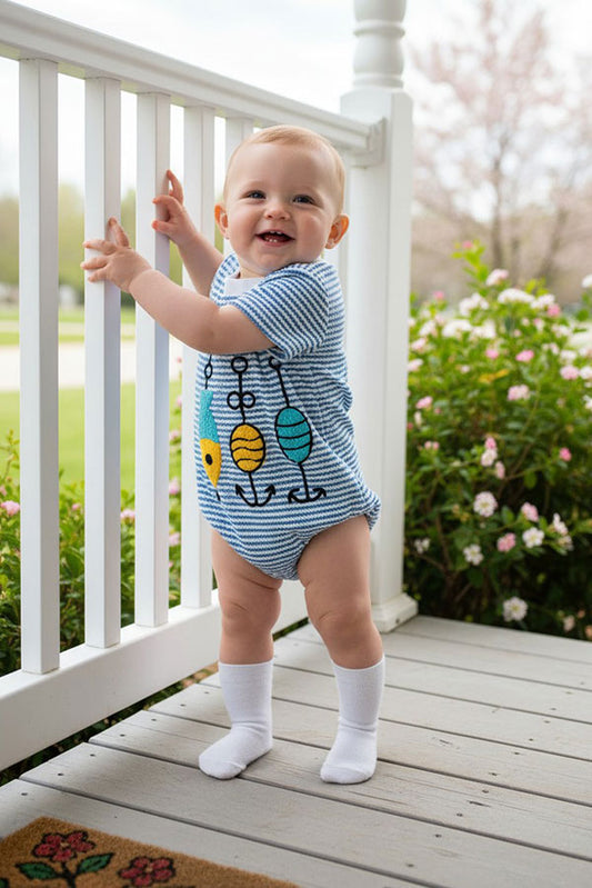 Fishing float embroidery short sleeves blue baby onesie 2601013M