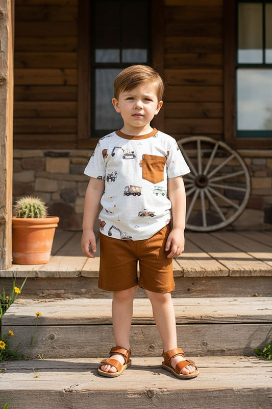 Construction vehicles short sleeve top & brown shorts 2pc boy's set 2601014M