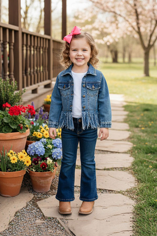 Western washed blue frayed-hem long sleeve denim coat girls jacket 2601017M