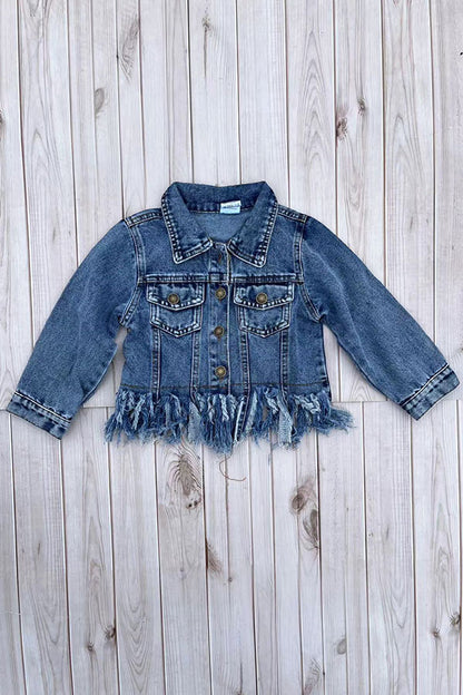 Western washed blue frayed-hem long sleeve denim coat girls jacket 2601017M