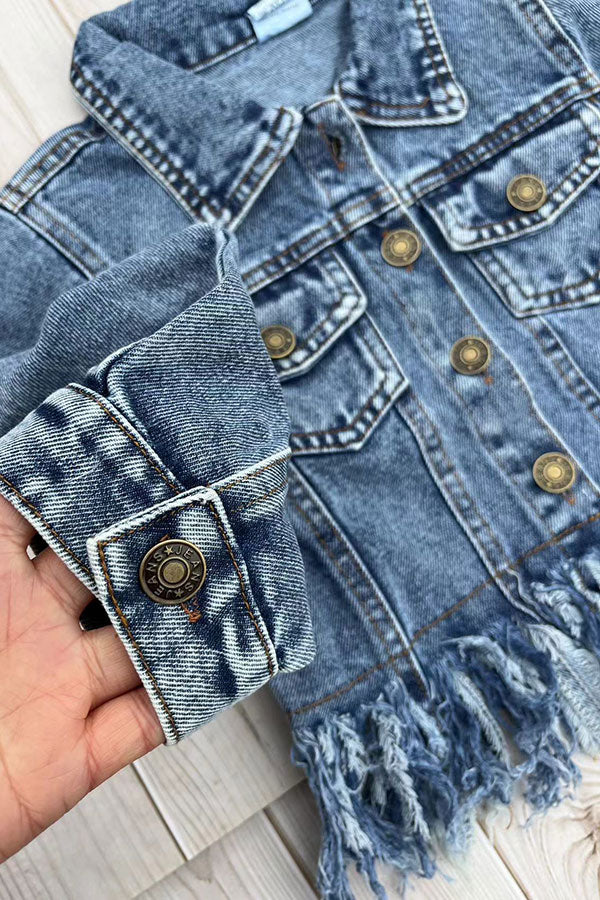 Western washed blue frayed-hem long sleeve denim coat girls jacket 2601017M