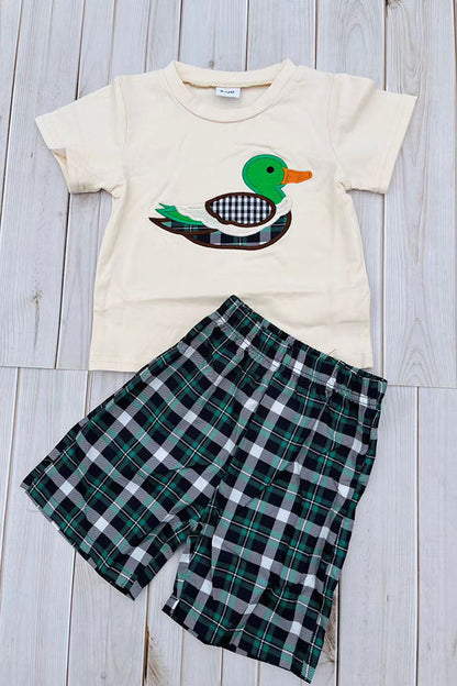 Mallard duck embroidery short sleeve top & Plaid shorts 2pc boy's set 2601018M