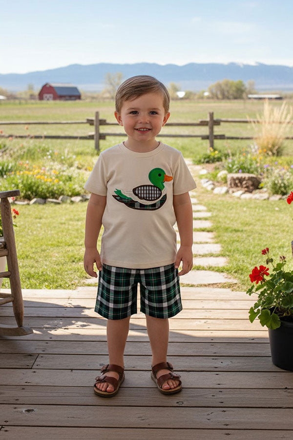 Mallard duck embroidery short sleeve top & Plaid shorts 2pc boy's set 2601018M