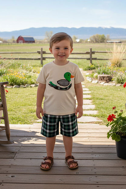 Mallard duck embroidery short sleeve top & Plaid shorts 2pc boy's set 2601018M