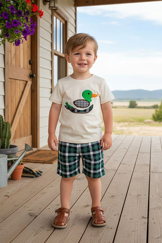 Mallard duck embroidery short sleeve top & Plaid shorts 2pc boy's set 2601018M