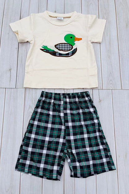 Mallard duck embroidery short sleeve top & Plaid shorts 2pc boy's set 2601018M