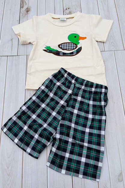 Mallard duck embroidery short sleeve top & Plaid shorts 2pc boy's set 2601018M