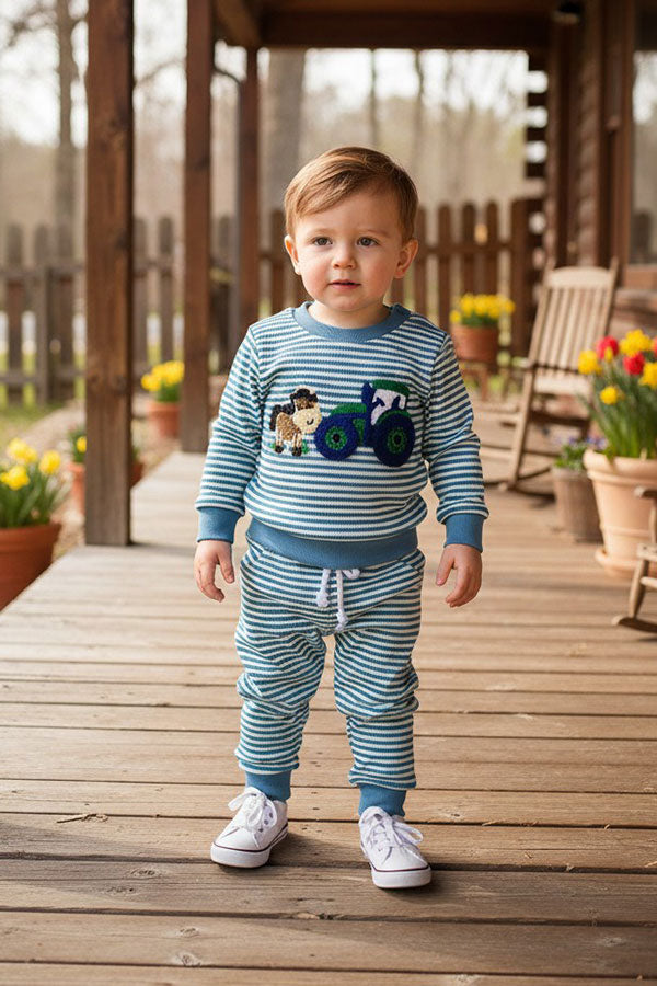 Farm & horse patch blue stripes long sleeve top & pant 2pc boy's set 2601019M