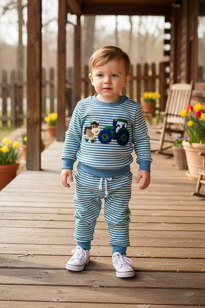 Farm & horse patch blue stripes long sleeve top & pant 2pc boy's set 2601019M