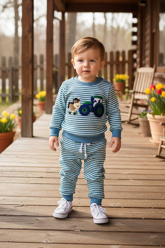Farm & horse patch blue stripes long sleeve top & pant 2pc boy's set 2601019M
