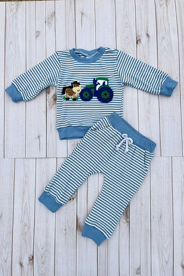 Farm & horse patch blue stripes long sleeve top & pant 2pc boy's set 2601019M