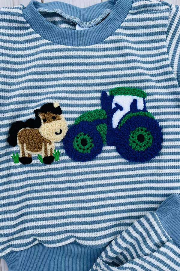 Farm & horse patch blue stripes long sleeve top & pant 2pc boy's set 2601019M