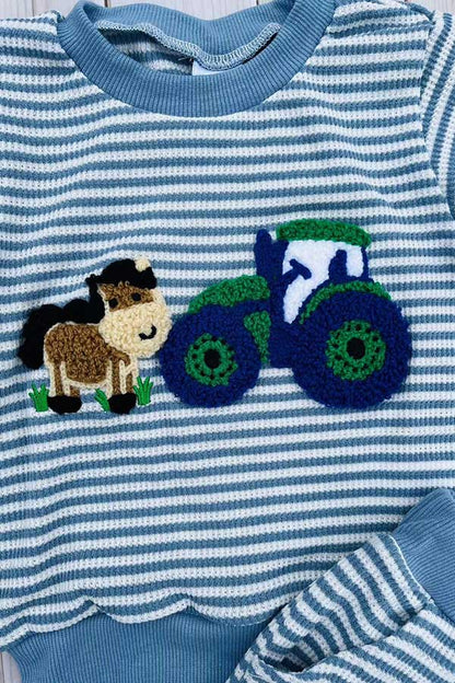 Farm & horse patch blue stripes long sleeve top & pant 2pc boy's set 2601019M