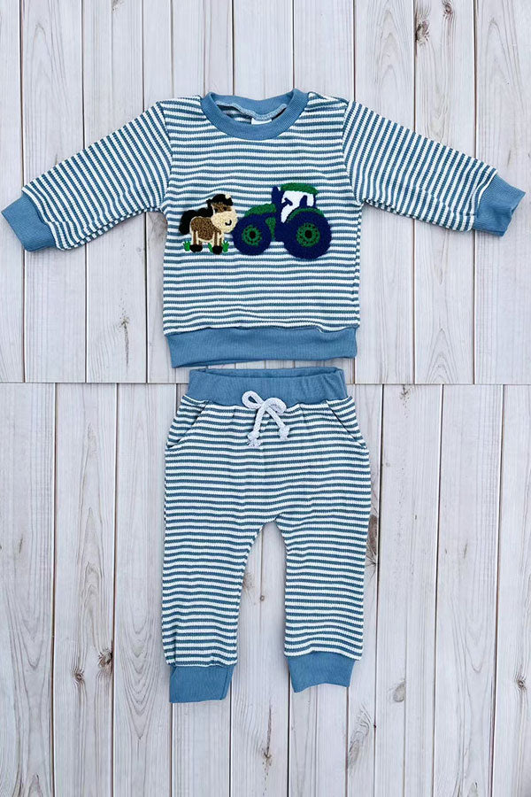 Farm & horse patch blue stripes long sleeve top & pant 2pc boy's set 2601019M