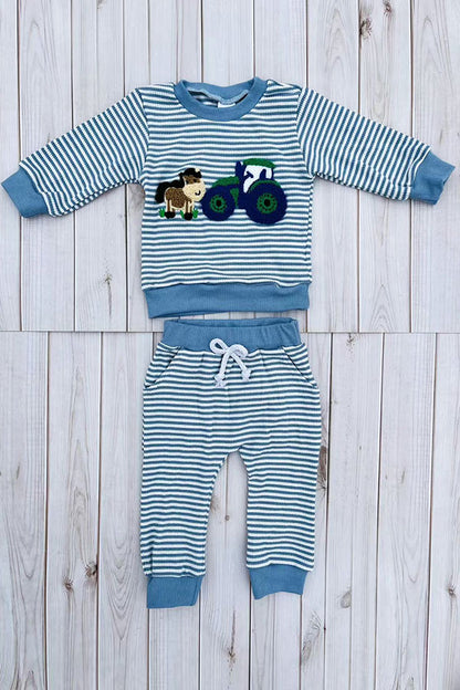 Farm & horse patch blue stripes long sleeve top & pant 2pc boy's set 2601019M