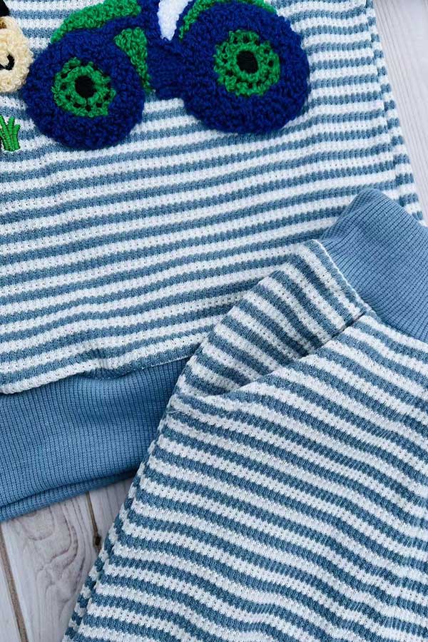 Farm & horse patch blue stripes long sleeve top & pant 2pc boy's set 2601019M