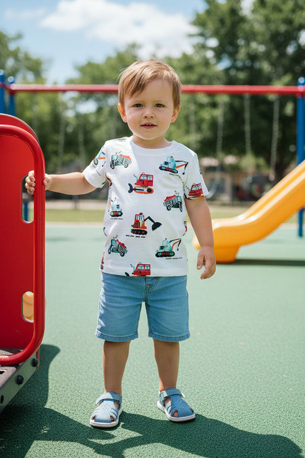 Construction vehicle prints white short sleeve boy's t-shirt 2601022M