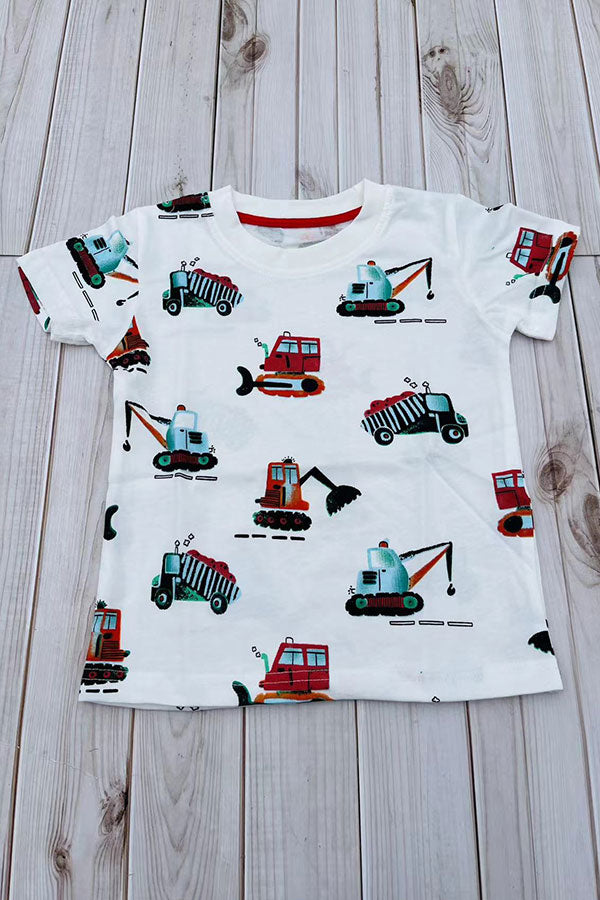 Construction vehicle prints white short sleeve boy's t-shirt 2601022M