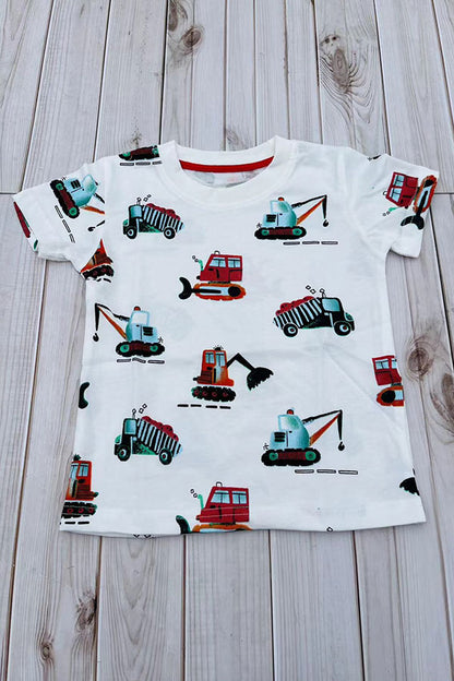 Construction vehicle prints white short sleeve boy's t-shirt 2601022M