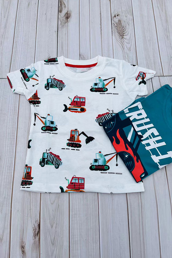 Construction vehicle prints white short sleeve boy's t-shirt 2601022M