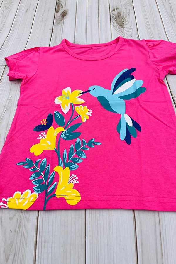Bird & floral printed fuchsia puff short sleeve girls t-shirt 2601023M