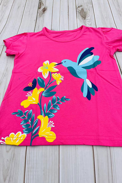 Bird & floral printed fuchsia puff short sleeve girls t-shirt 2601023M