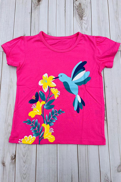 Bird & floral printed fuchsia puff short sleeve girls t-shirt 2601023M