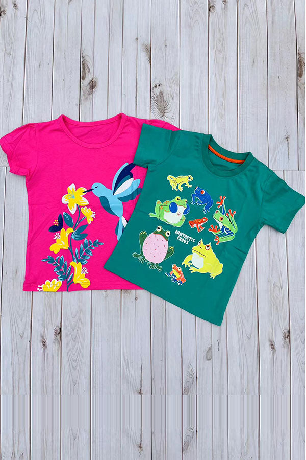 Bird & floral printed fuchsia puff short sleeve girls t-shirt 2601023M