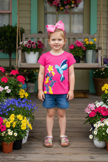 Bird & floral printed fuchsia puff short sleeve girls t-shirt 2601023M