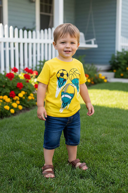 Sports ball printed yellow short sleeve boy's t-shirt 2601024M