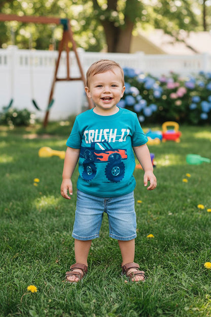 CRUSH IT & monster truck teal short sleeve boy's t-shirt 2601025M