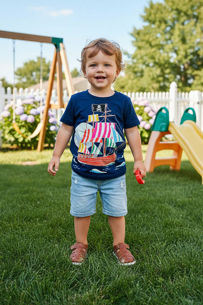 Cartoon pirate sailing printed navy blue short sleeve boy t-shirt 2601026M