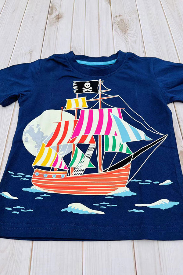 Cartoon pirate sailing printed navy blue short sleeve boy t-shirt 2601026M