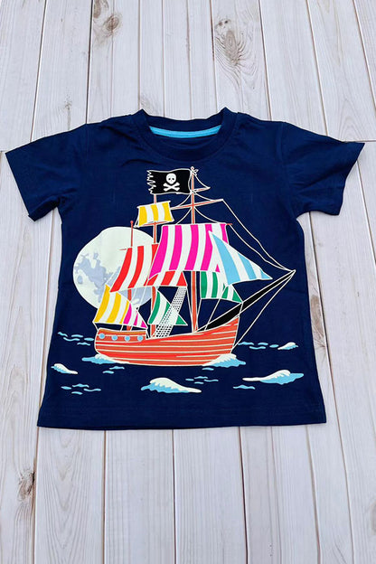 Cartoon pirate sailing printed navy blue short sleeve boy t-shirt 2601026M