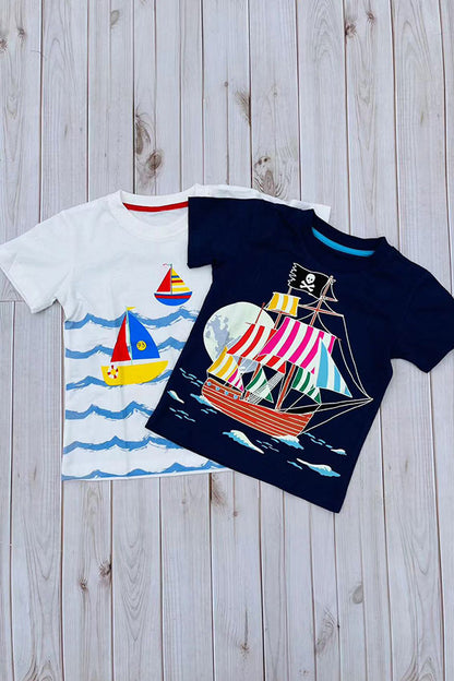 Cartoon pirate sailing printed navy blue short sleeve boy t-shirt 2601026M